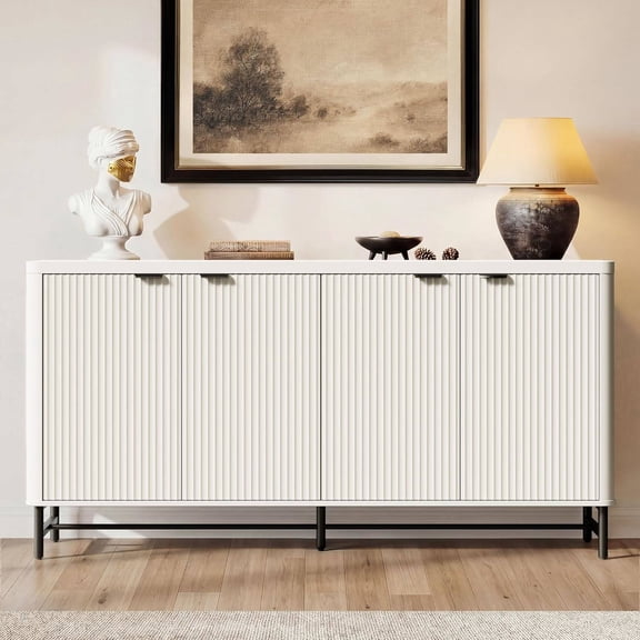 65" Fluted Buffet Cabinet with Storage, Sideboard with 4 Doors & Adjustable Shelves, White Console Table for Dining Room, Living Room, Entryway