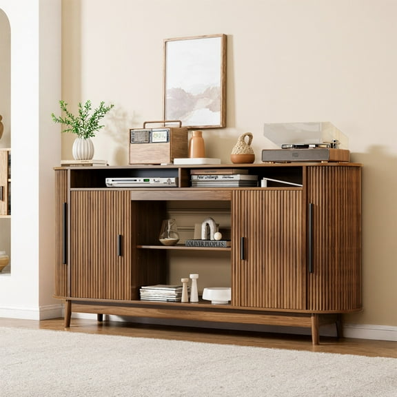 65" Fluted TV Stand, Mid Century Entertainment Center with Sliding Doors & Storage for Living Room