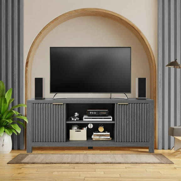 65" Fluted TV Stand, Modern Entertainment Center with 2 Storage Cabinets and Open Shelves, Heavy-Duty Console for Living Room and Bedroom, Black