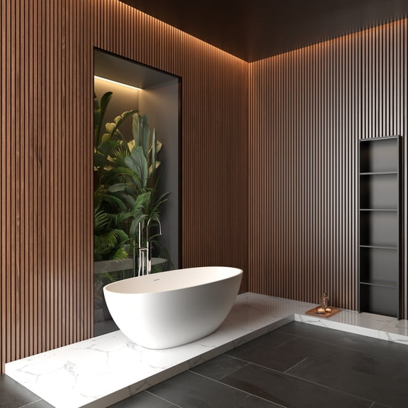 65" Freestanding Bathtub, Luxury Solid Surface Stone Resin Soaking Bathtub with Overflow, Handcrafted Artificial Stone Bathtub, cUPC Certified, Matte White