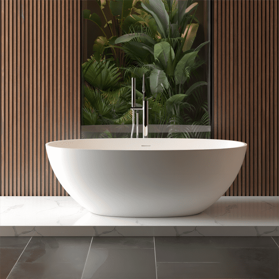 65" Freestanding Solid Surface Bathtub, Luxury Handcrafted Stone Resin Freestanding Soaking Bathtub with Overflow and Pop-up Drain, Matte White 24S06-65MW
