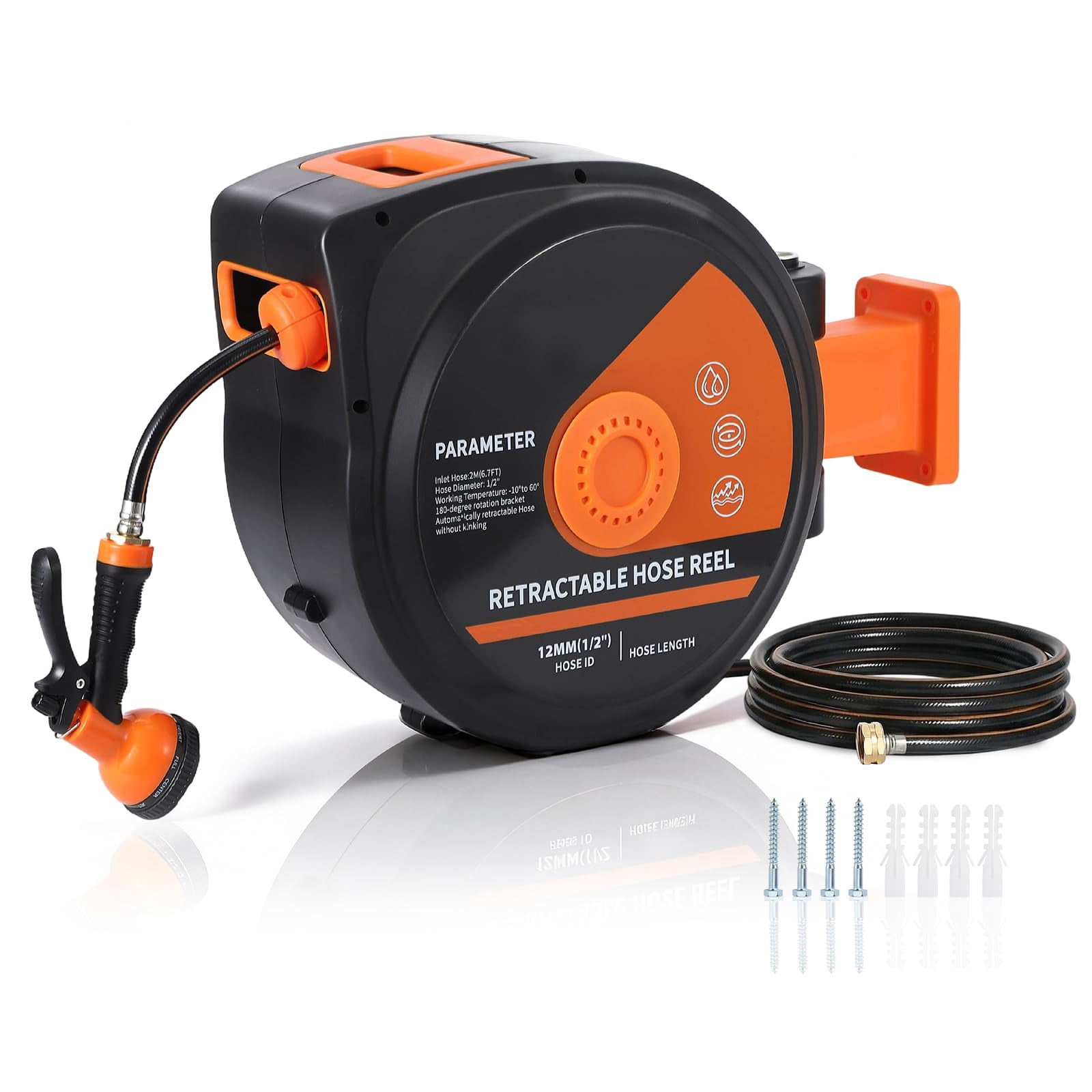 65 Ft X1/2 in Retractable Garden Hose Reel, Wall Mounted Heavy Duty Garden Hose Reel with 10 Spray Nozzle, Slow Retraction System, 180°Swivel Bracket, UV Resistant & 3-Layer Protect