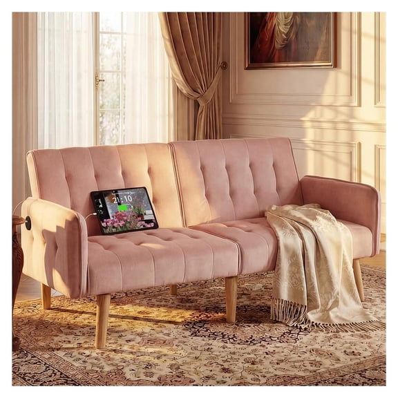 65'' Futon Sofa Bed with USB, Convertible Couch for Small Spaces, Living Room Sofa, Adjustable Backrest, Modern Tufted Design