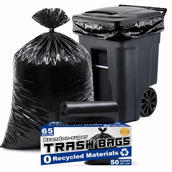 Brandon Super Heavy Duty Trash Bags 65 Gallon 50 Count Black