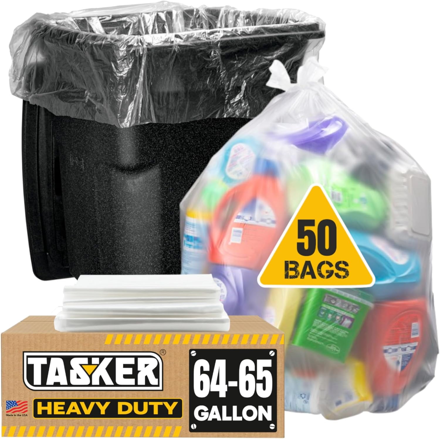 65 Gallon Clear Trash Bags Heavy Duty (MegaPack 50 Bags w/Ties) 64 ...