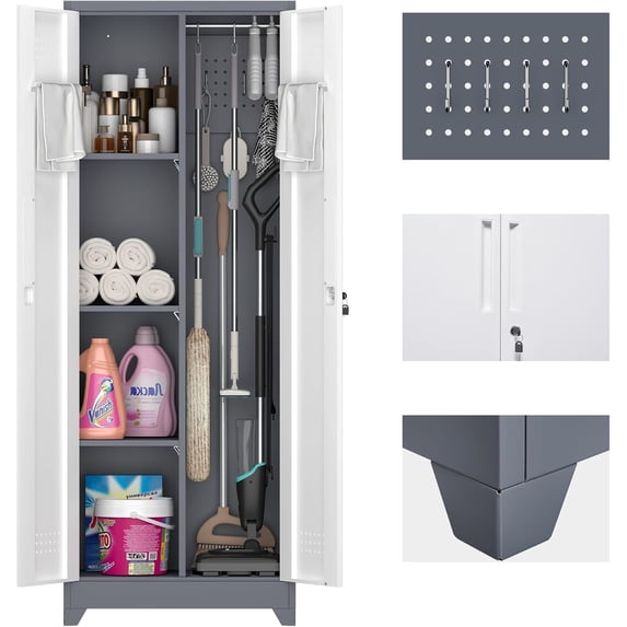 65" H Broom Closet Storage Cabinet, Garage Storage Cabinet with Adjust Shelves,Utility Cabinet,Utility Closet for Garage,Gray-White