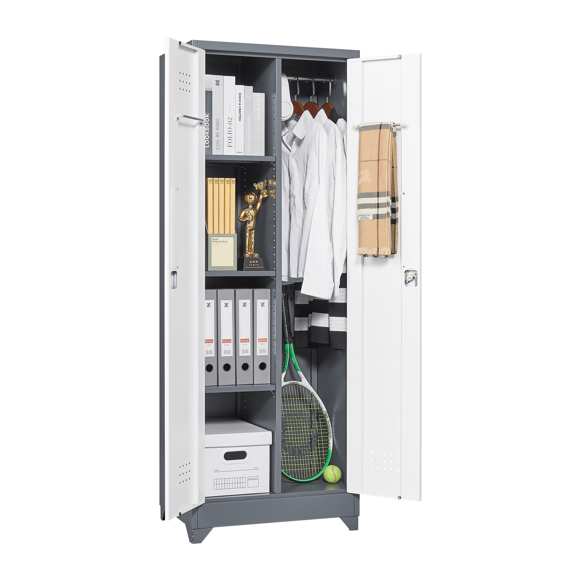 65" H Broom Closet Storage Cabinet with Locking Doors,Metal Garage Storage Cabinet with Hanging Rod & S-Hooks for Garage,Bathroom Office,Grey+White