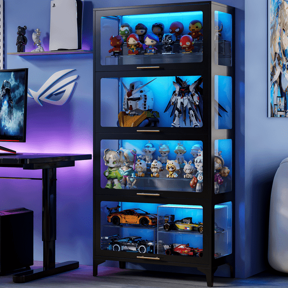 65"H Display Cabinet With Flip-Up Glass Door,With 13 Color Adjustable LED Lights,4-Tier Metal Curio Cabinet,Bookcase Storage Cabinet,for Scale figure Trophy Memorabilia,65"H×31.5"W×13.8"D,Black