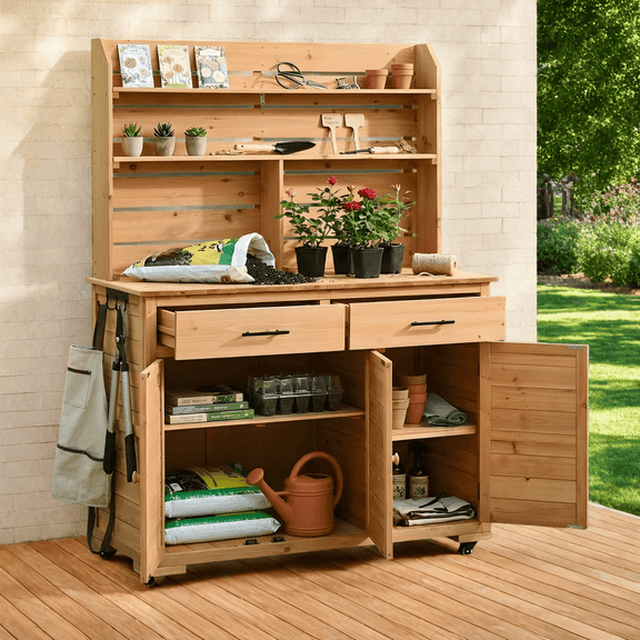 65"H Large Garden Potting Bench with Lockable Wheels and Storage Cabinet, Wood Outdoor Kitchen Island Prep Cart with Hutch Top, Drawers and Removable Shelves, Natural
