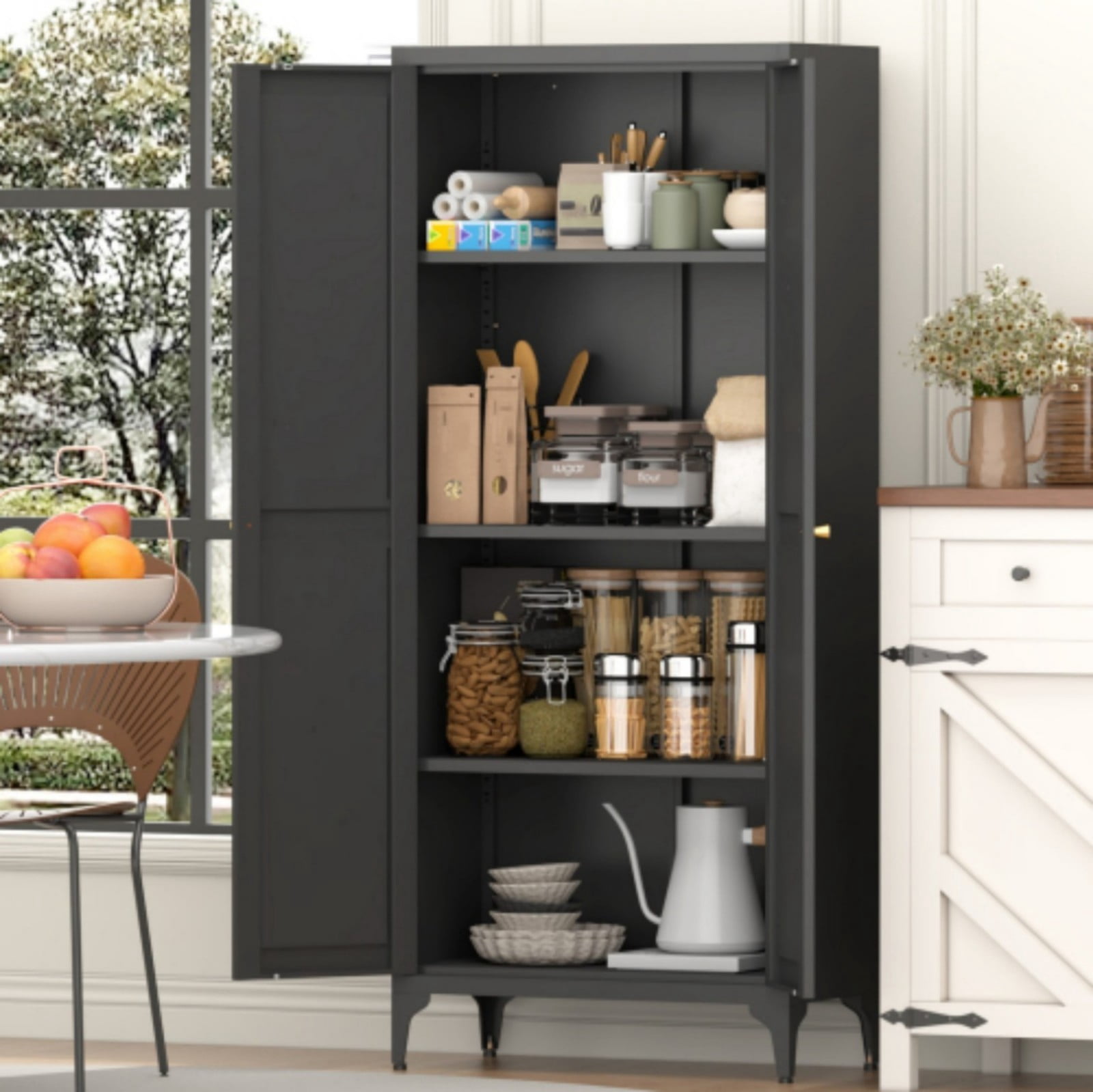 65" H Metal Storage Cabinet, 2-Door Steel Pantry Cabinet with Adjustable Shelves, Freestanding Kitchen Storage Cabinet for Living Room, Bedroom, Office, Black