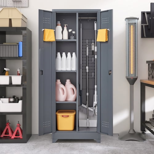 65" H Metal Storage Cabinet With Hanging Rod & S-Hooks, Cleaning Tool Storage Cabinet gray Broom Storage Cabinet With Locking Doors And Shelves