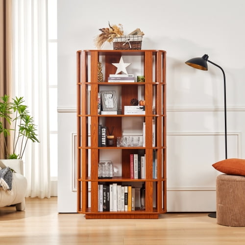65"H Sturdy MDF Storage Shelves, Book Organizer with Anti-tip Structure, Bookshelves with Hollow Grid Design for Home Office Study Use, Dark Oak