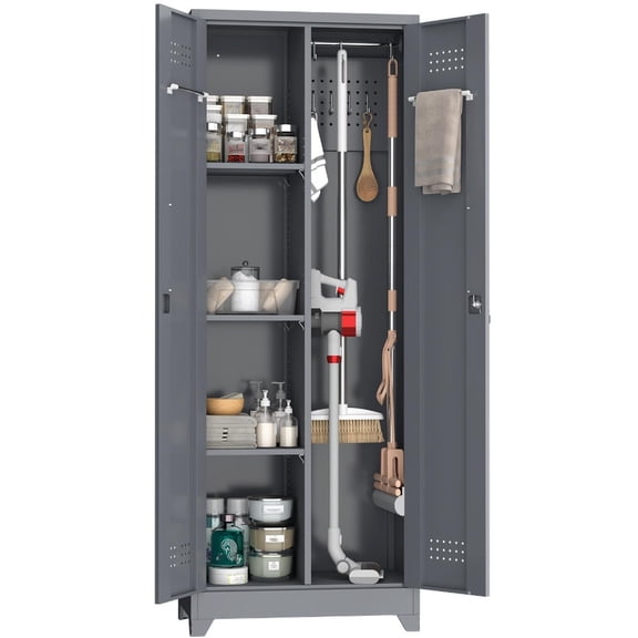 65" Heavy-Duty Metal Garage Storage Cabinet, Lockable Broom Closet with Pegboard & Adjustable Shelves, Ideal for Laundry Room, Workshop & Cleaning Supply Organization