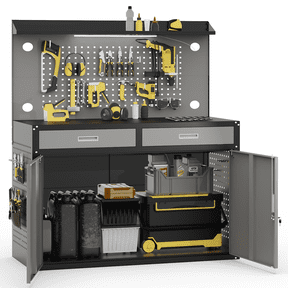 65" Heavy Duty Workbench with Drawers and Lockable Storage Cabinet- 2000 LBS Capacity Work Bench with Pegboard Organiser,Work Table with Adjustable LED Light for Garage,Workshop and Repair Shop