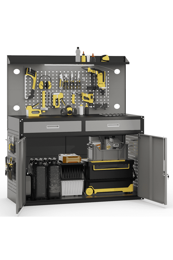 65" Heavy Duty Workbench with Drawers and Lockable Storage Cabinet- 2000 LBS Capacity Work Bench with Pegboard Organiser,Work Table with Adjustable LED Light for Garage,Workshop and Repair Shop