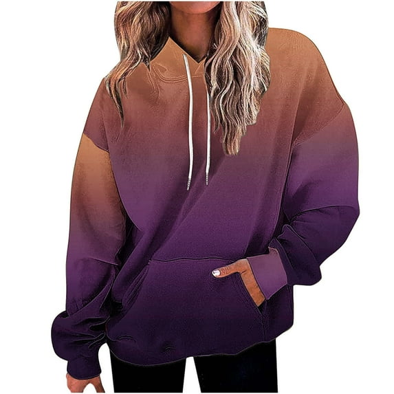Up to 65% off Hoodies for Women Long Sleeve Waffle Pullover Sweatshirts Women's Fall And Winter Gradient Print Hooded Sweatshirt Long Top Long Sleeved Pocket
