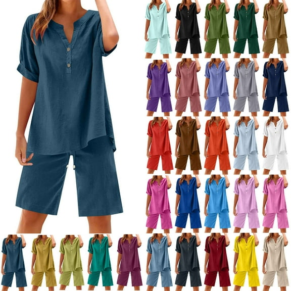 Horkkom Matching Sets Women Clothing V Neck Short Sleeve Button Down Shirts Elastic Waist Drawstring Shorts with Pockets Two Piece Sets Loose Casual Lounge Sets S