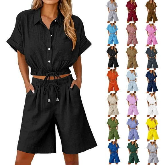 Horkkom Summer Lounge Sets for Women 2 Piece Sets Short Sleeve Button Down Shirts Elastic Waist Drawstring Shorts with Pockets Outfits Casual Loose Matching Sets M