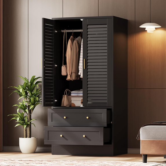 65 Inch 2-Shutter Wardrobe,Wooden Armoire Closet with Hanging Rods and 2 Drawers Large Storage Cabinet with Handles for Home Office