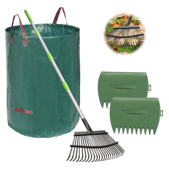 65 Inch 25 Tines Metal Leaf Rake Set with 32 Gal Bags Scoops, 18in Wide | Heavy duty lawn rake, Garden leaf collector, Yard clean up tool, Metal tines rake, Camping gear, Shrub rake, Weed remover