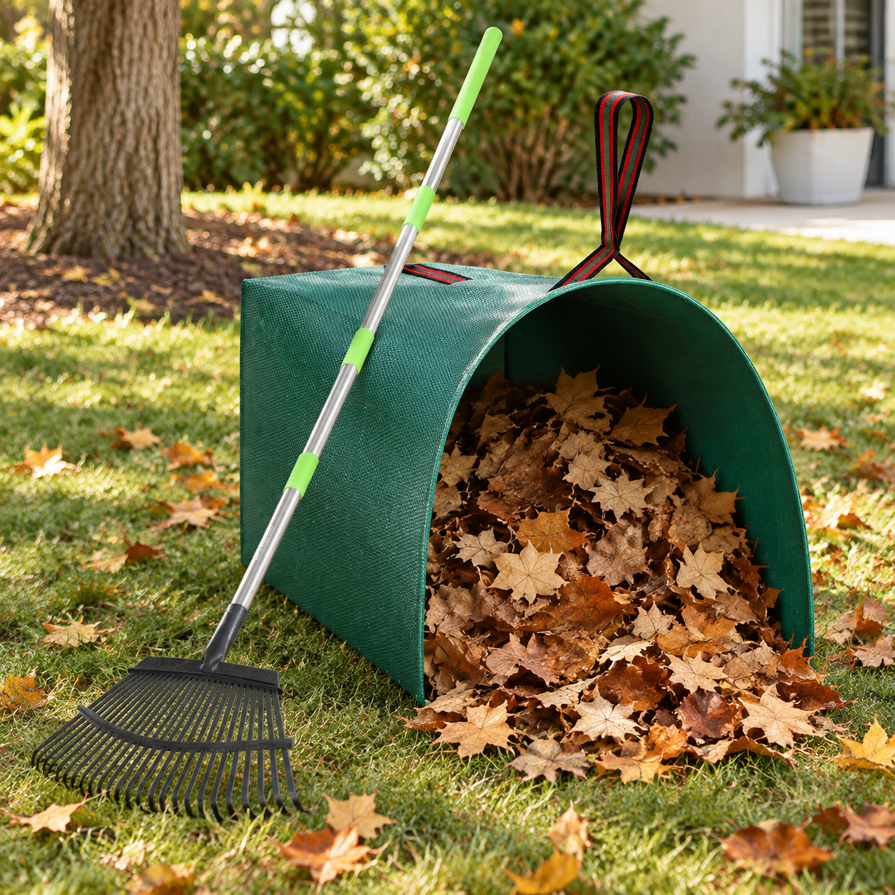 Large Snake Rake 65 Inch 25 Tines Metal Leaf Rake Set with Green Dustpan and 40 Gallon ...
