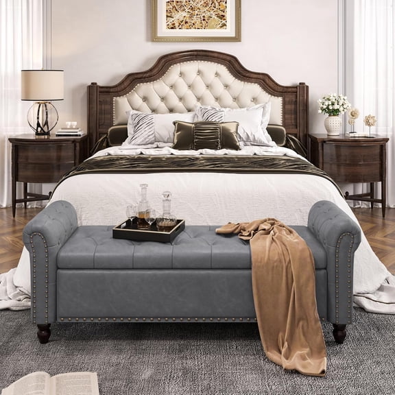 65 Inch Bedroom Bench, End of Bed Bench with Storage, Bed Benches for Foot of Bed, Faux Leather Window Bench with Tufted Button and Nailhead Trim, Upholstered Storage Bench with Rolled Arms, Gray