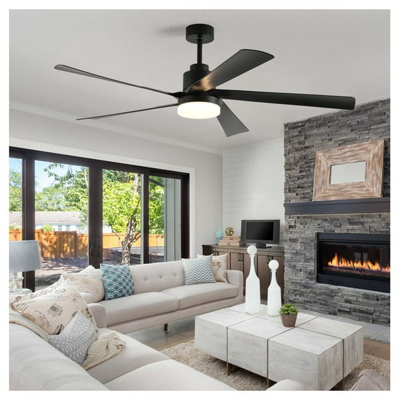 65 Inch Black Ceiling Fan with Light - 5 Blade Dimmable LED Fan with Remote