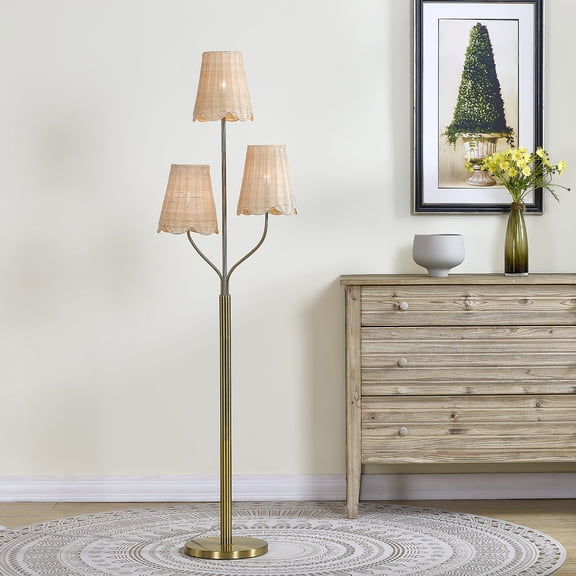 65-Inch Boho Tree Floor Lamp with Three-Light Brass Metal Body and Woven Rattan Style Drum Shades, Adjustable Lighting, Plug Powered for Living Room and Bedroom Decor