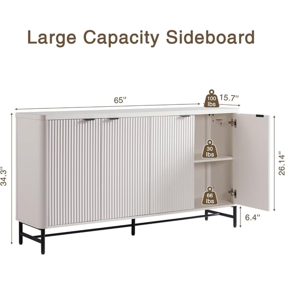 65 Inch Buffet Cabinet with Storage, Fluted Credenza Sideboard with 4 Doors & Adjustable Shelves, Large Coffee Bar Console Table for Dining Room Living Room Entryway White