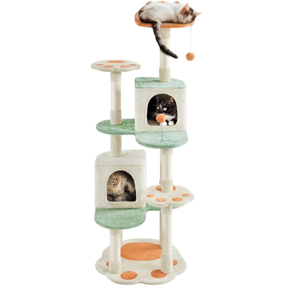 65 Inch Cat Tree Tower, Multi-level Cat Climbing Frame with Heart-Shaped Platform, Hanging Bell Ball,Double Cat Condos,6 Sisal Scching Posts, Indoor Cat Activity Furniture for Adult Cats, multicolor