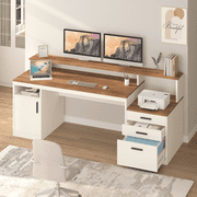 65 Inch Computer Desk with 3 Drawers & Storage Shelves, Executive Desk with File Drawer & Cabinet, Home Office Desk with Long Monitor Stand & Printer Shelf, Antique White