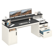 65 Inch Computer Desk with 3 Drawers & Storage Shelves, Executive Desk with File Drawer & Cabinet, Home Office Desk with Long Monitor Stand & Printer Shelf, Black & White