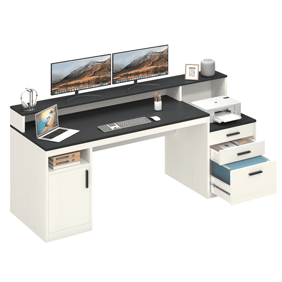 65 Inch Computer Desk with 3 Drawers & Storage Shelves, Executive Desk with File Drawer & Cabinet, Home Office Desk with Long Monitor Stand & Printer Shelf, Black & White