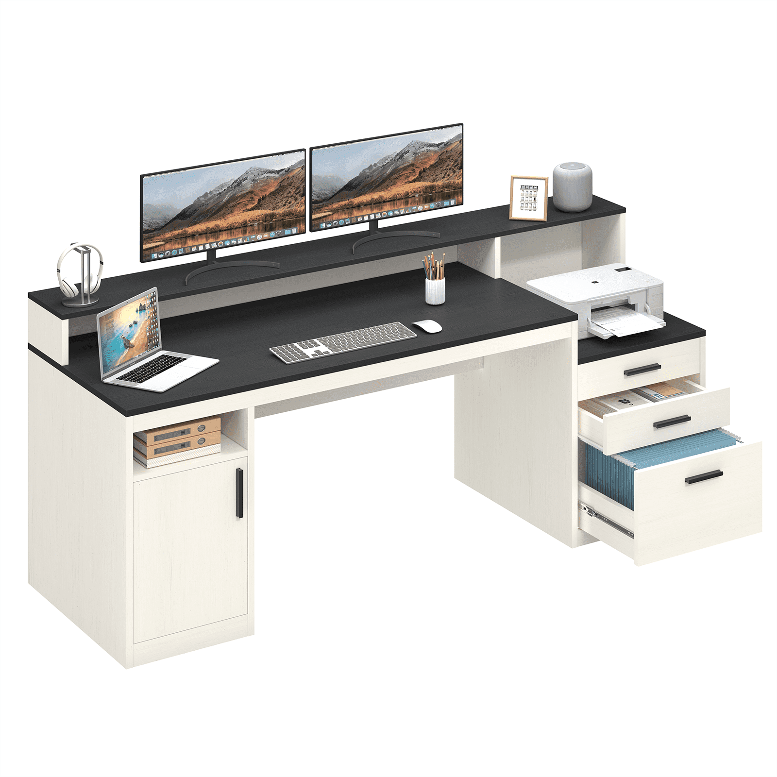 65 Inch Computer Desk with 3 Drawers & Storage Shelves, Executive Desk with File Drawer & Cabinet, Home Office Desk with Long Monitor Stand & Printer Shelf, Black & White