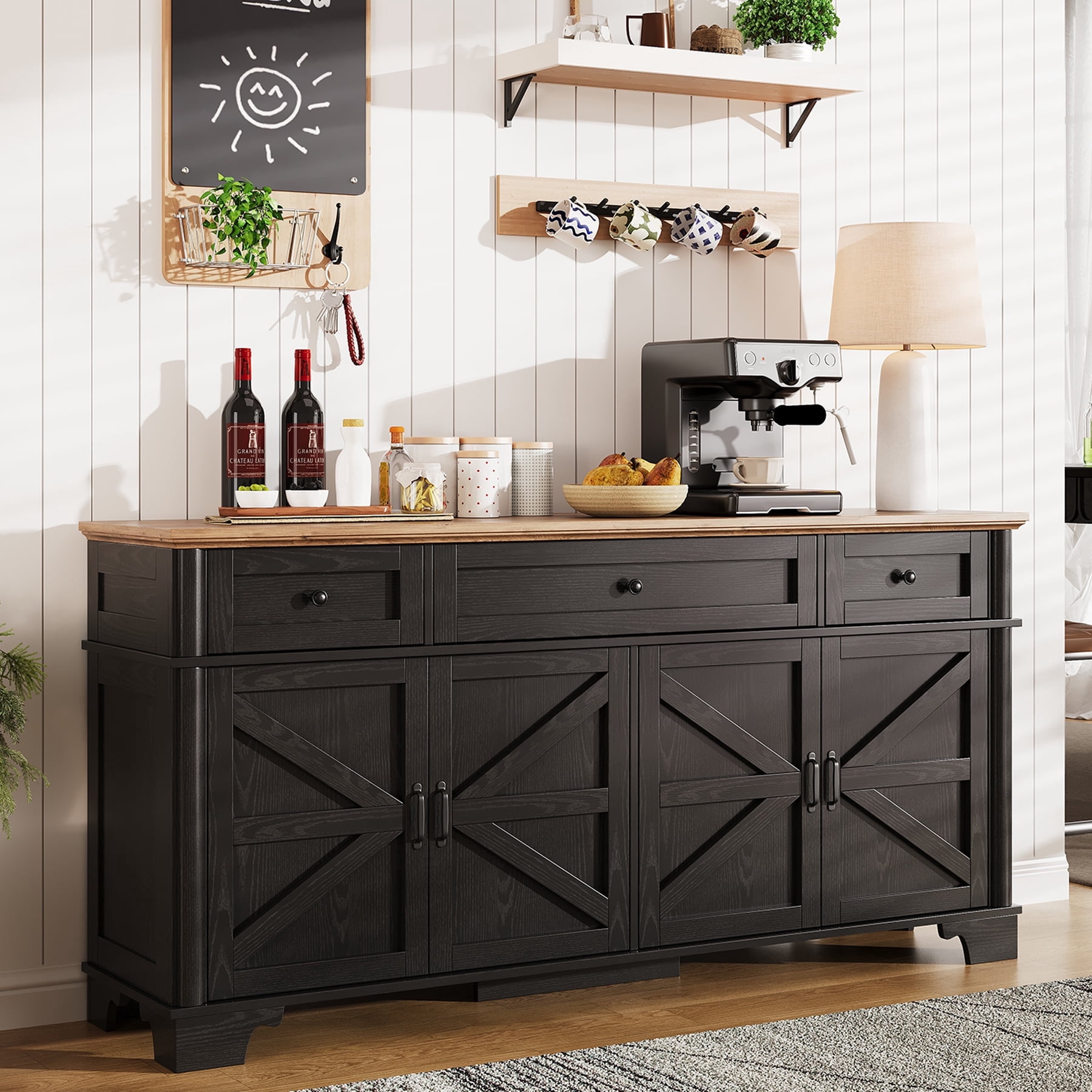 Farmhouse Style 65 Inch Buffet Cabinet with Storage, Black Sideboard ...