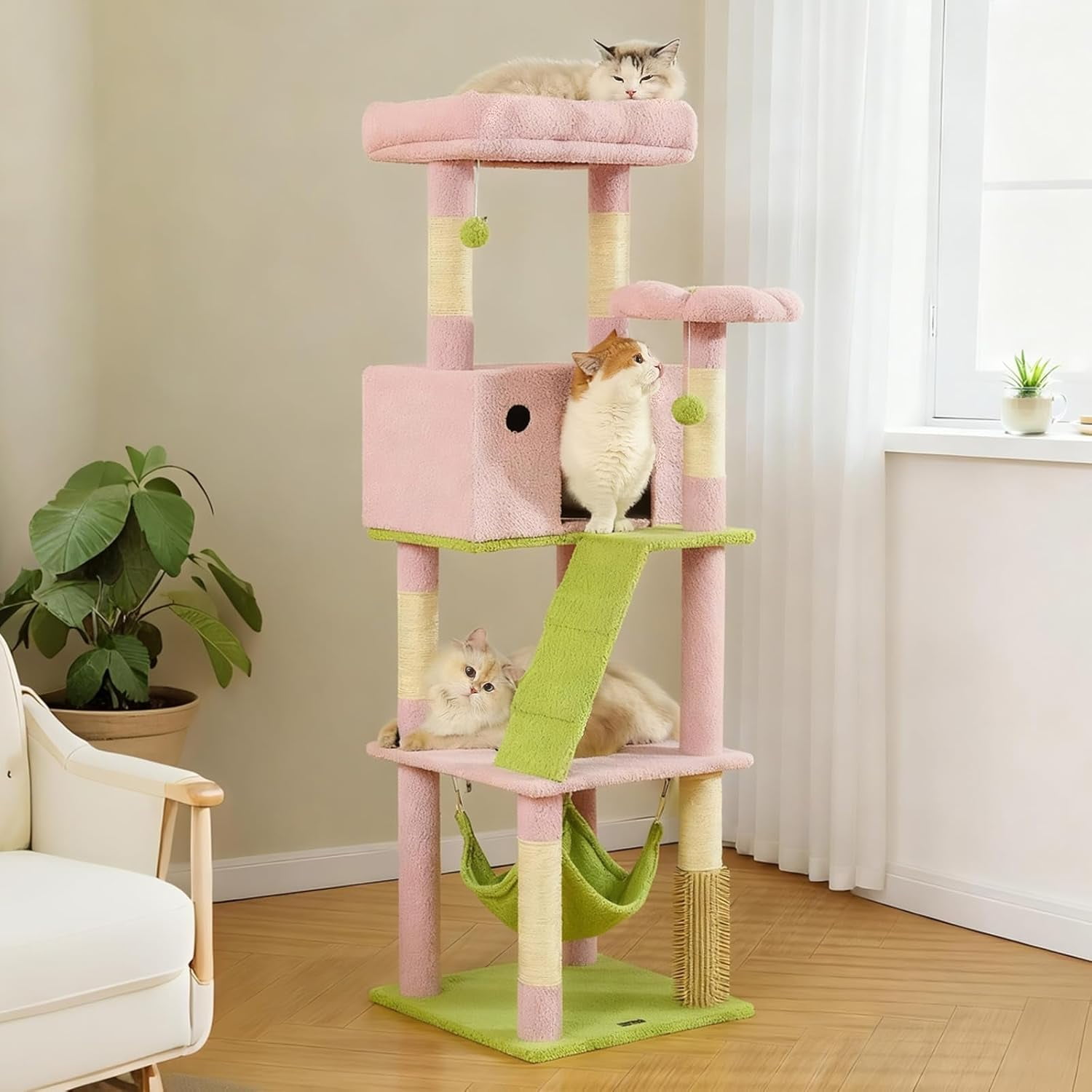 65-Inch Flower  Tree for Large Cats, Pink  Tower with  Large Condo, 2 Perches, Spacious Hammock and 6 Sisal Scratching Posts for Indoor Cats