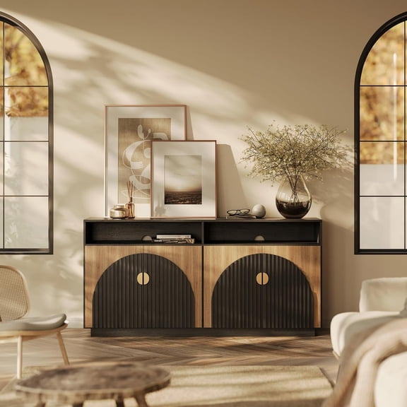 65 Inch Fluted TV Stand, Mid Century Modern Entertainment Center with Storage Cabinets & Open Shelves, Media Console TV Cabinet with Adjustable Shelves for Living Room, Camel