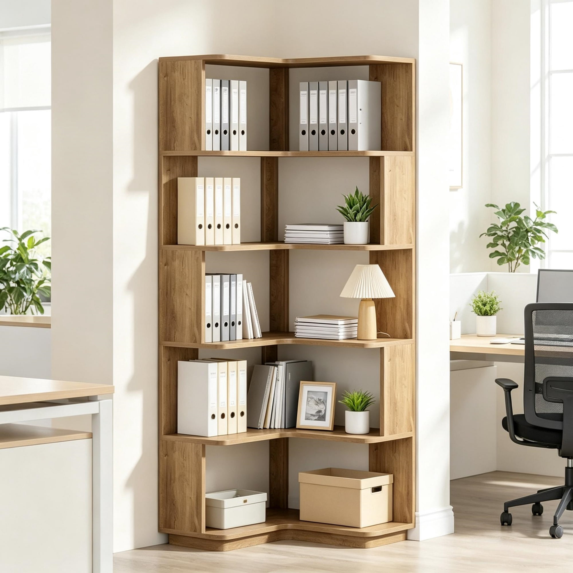 65 Inch L Shaped Corner Bookshelf with 6 Tier Display Shelves and Anti Drop Panel
