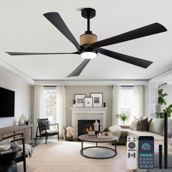 65 Inch Large Ceiling Fan with Light,Black Modern Ceiling Fan with Remote,LED Dimmable Ceiling Fan,5 Blades,and 6 Speed,Reversible DC Motor for Farmhouse Patio Living Room Bedroom Indoor/Outdoor