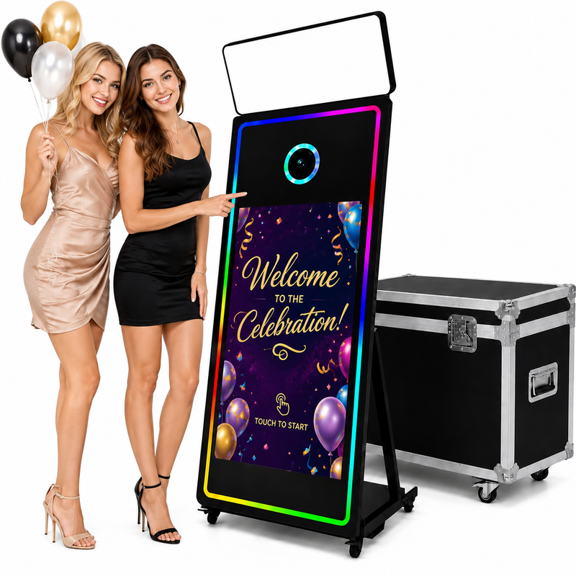 65-Inch Magic Mirror Photo Booth with 43-Inch Interactive Touchscreen, Built-in Mini PC, RGB LED Frame & Flight Case for Weddings, Parties and Event Rentals