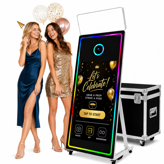 65-Inch Magic Mirror Photo Booth with 43-Inch Interactive Touchscreen, Built-in Mini PC, RGB LED Frame & Flight Case for Weddings, Parties and Event Rentals