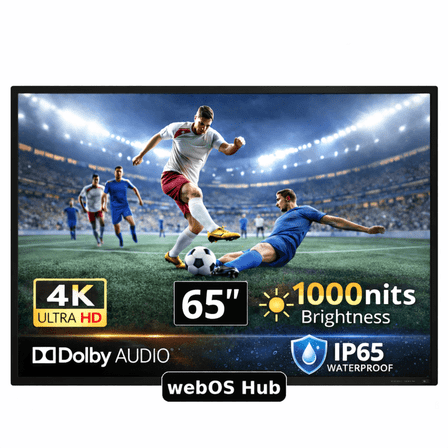 65-Inch Outdoor TV 4K UHD, 1000-Nit High-Brightness for Partial Sun, IP65 Weatherproof Smart TV with HDR10, Dolby-Compatible Audio, Voice Assistant Remote, Wide Viewing Angle