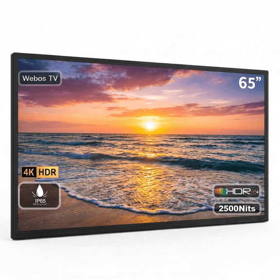 Fantasyview 65 Inch Outdoor TV, 4K UHD, 2500-Nit Brightness, IP65 Weatherproof, HDR10, Dolby Audio, Aluminum Frame, for Patio Deck Backyard