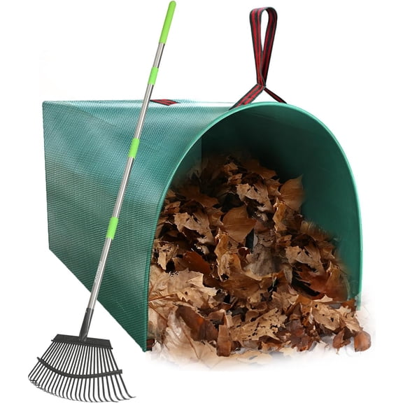 65 Inch Rake for Leaves with 40 Gallon Dustpan-Typ Leaf Bags, 25 Tines Metal Leaf Rake Set for Gardening Lawns Yard Outdoor Camping Shrub Grass Bush Grass Clippings