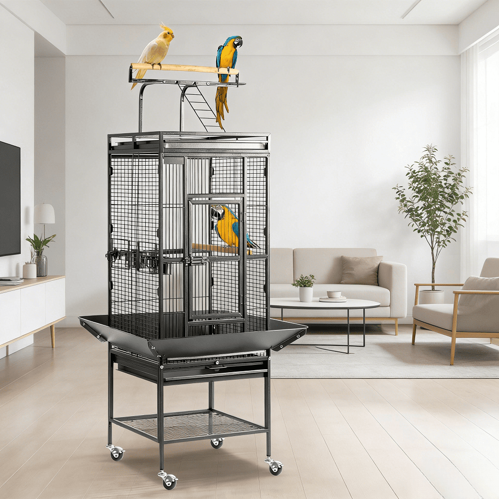65 Inch Rolling Bird Cage with Play Top Wrought Iron Large Parrot Cage ...