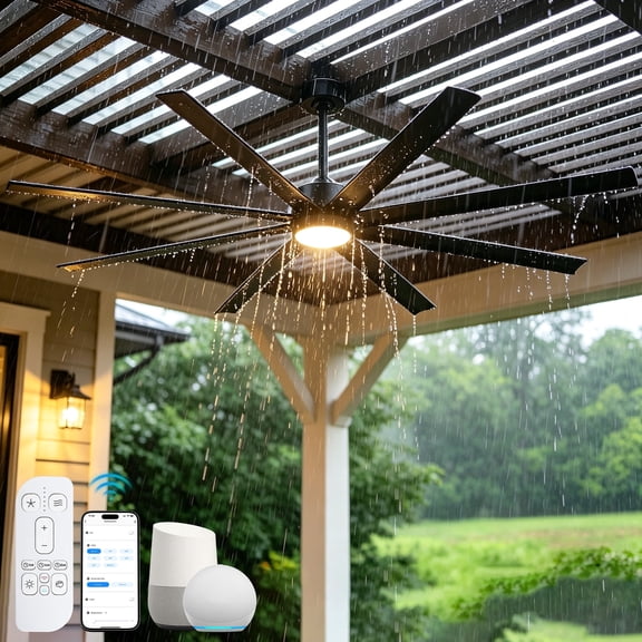 65 Inch Waterproof Outdoor Ceiling Fans with Lights and Remote, Large Airflow 8 Blades Modern Black Alexa/App Smart Fan 3CCT Dimmable, 6 Speed Quiet Reversible DC Motor