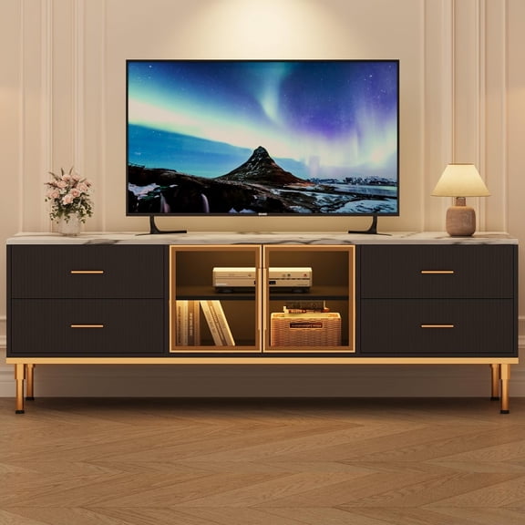65 Inch TV Stand with LED Lights, Modern Entertainment Center with 4 Drawers & Shelves & Glass Doors, TV Console Table for 55/65/75 Inch TV, Large Low Profile TV Stands for Living Room