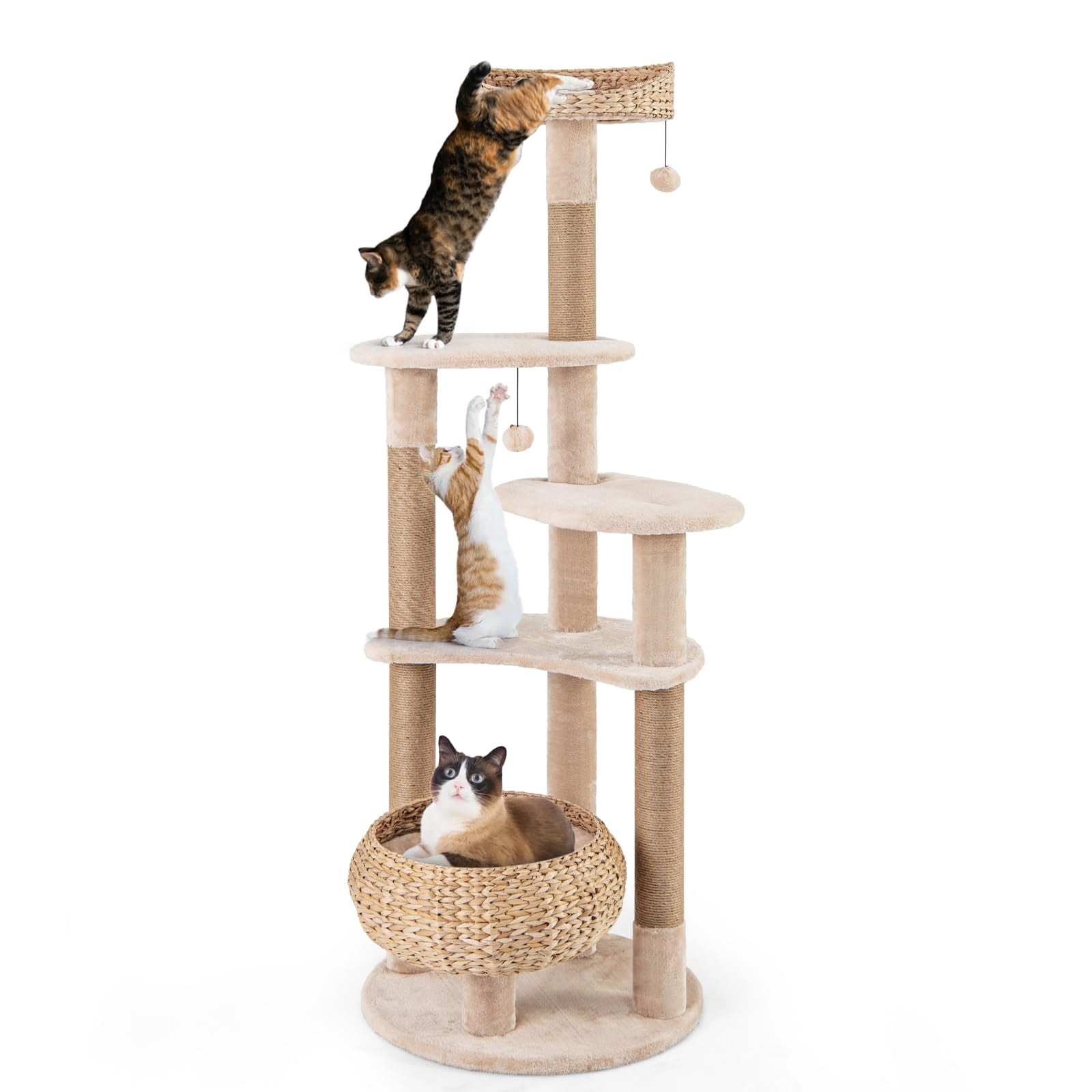 65 Inch Tall Cat Tree Tower for Indoor Cats with 6 Levels, Natural Jute Scratching Posts, Plush Cat Bed, Top Perch, Dangling Toys, Jumping Platforms, Modern Design, Beige
