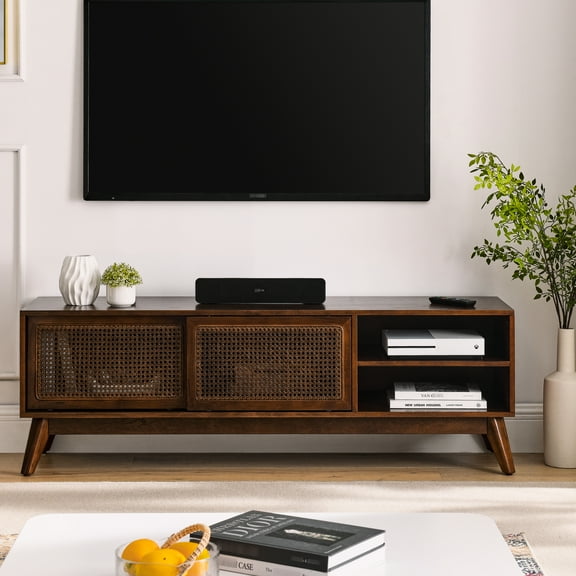 65 Inch Tv Cabinet With Trimmed Doors, Solid Wood Feet - Dark Media Console Stand For Tv, Legs, Living Room Finish