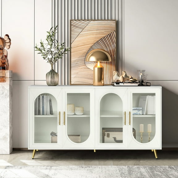 65+ Inch Tv Media Stand, Adjustable Shelves & Storage Cabinet, Antique White Bedroom Ornament Stand With Glass Cabinet In